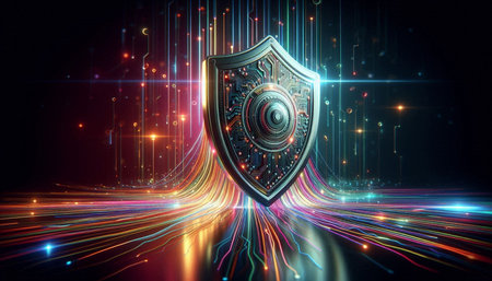 Cyber security concept. Shield with binary code. 3d illustration