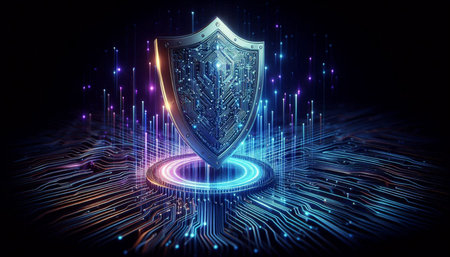 Cyber security concept. Shield with binary code. 3D rendering