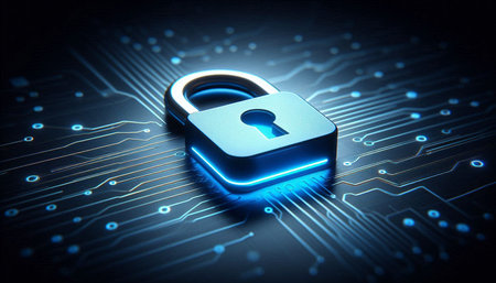 Cyber security concept: circuit board with closed padlock icon, 3d render