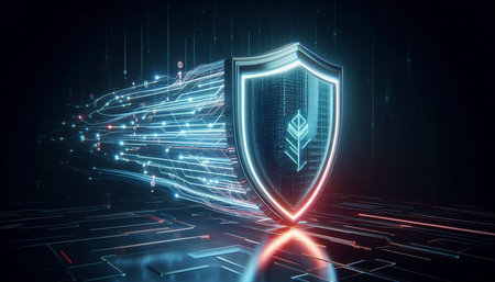 Cyber security concept with shield and glowing lines on dark background 3D rendering
