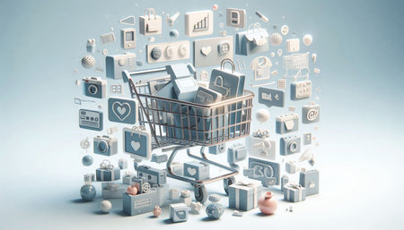 Shopping cart with media icons on blue background. 3d rendering