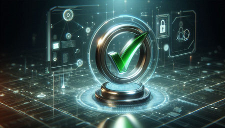 Cyber security concept. Green check mark on digital background 3D rendering