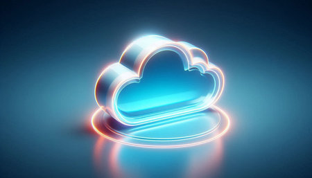 Glowing neon cloud icon on dark blue background. 3D rendering