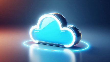 3d render of blue cloud icon on blue background with neon lights