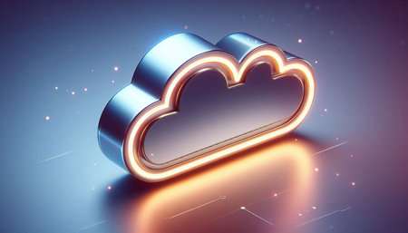 3d illustration of neon glowing cloud icon over blue background with sparkles