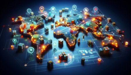 Digital illustration of world map with icons on it. 3d rendering