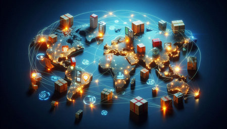Global logistics network on blue background. 3d rendering and illustration.