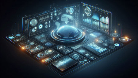 Futuristic HUD interface on black background 3D rendering toned image double exposure