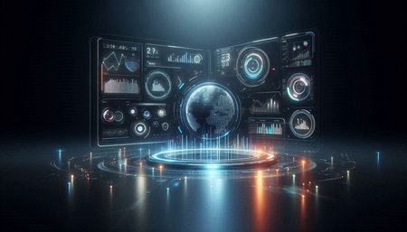 Futuristic user interface with hologram screen. Virtual reality concept. 3D Rendering