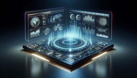 Futuristic tablet with HUD interface. 3d rendering toned image