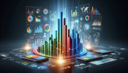 Futuristic user interface with graphs and charts. 3d rendering