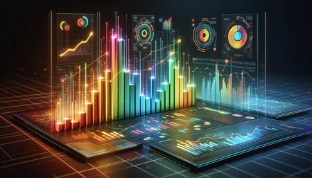 Futuristic user interface with graphs and charts. 3d rendering