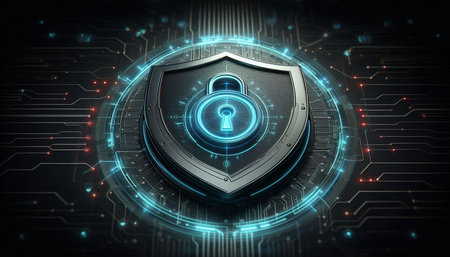 Cyber security concept with closed padlock on circuit board background 3D rendering