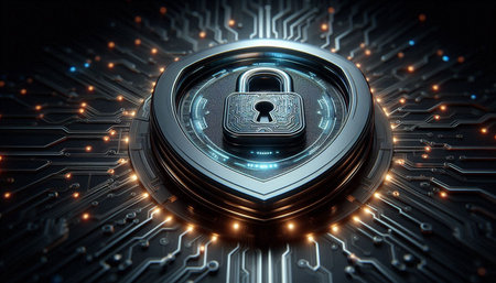 Cyber security concept with padlock on circuit board 3D rendering