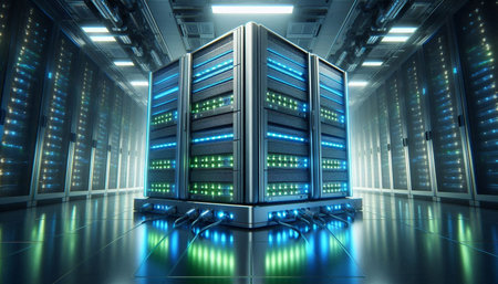 3D server room data center with storage servers. 3D rendering