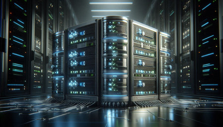 Server room data center. Backup, mining, hosting, mainframe, farm and computer equipment. 3d render