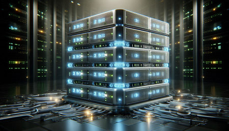 Server racks in data center. Backup, mining, hosting concept. 3D rendering