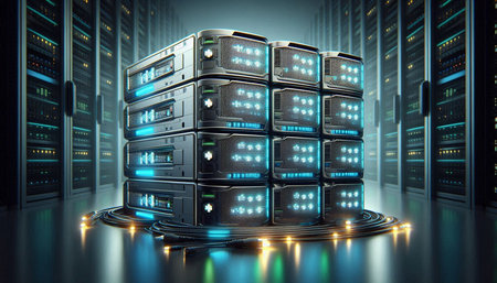 Server room data center with lights 3D rendering elements of this image furnished by NASA