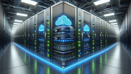server room data center with nice cloud storage 3d rendering image.