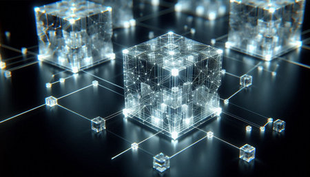 Abstract 3d rendering of cube with glowing lines and dots. Technology background.