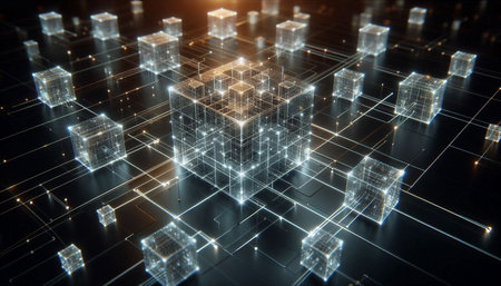 Abstract 3d rendering of cube grid. Futuristic technological background.