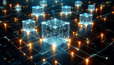 3D rendering of abstract digital technology concept, circuit board with glowing cubes