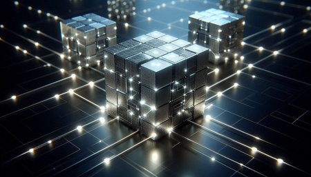 Abstract 3d rendering of cube with circuit board. Technology background.