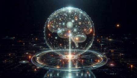 Glowing hologram sphere on dark background. Future technology concept. 3D Rendering