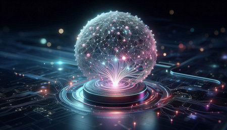3D rendering of a holographic sphere with a network of connections on a dark background