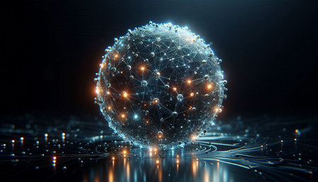 3D rendering of abstract digital sphere with particles and lines on dark background