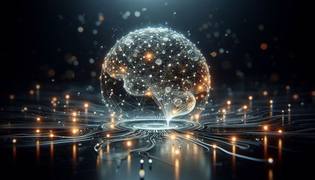 3D rendering of digital human brain with glowing particles on dark background