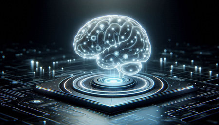 3d rendering of a human brain in front of a circuit board