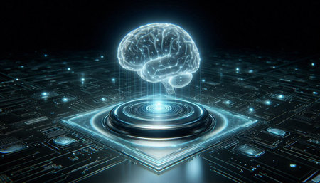 Creative artificial intelligence concept with human brain and circuit board 3D rendering
