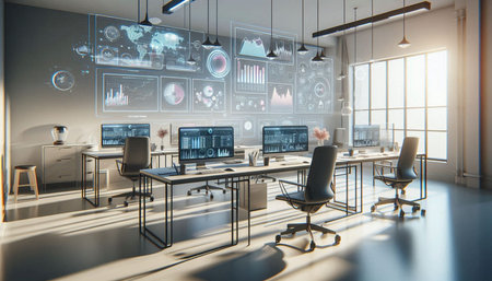 Modern coworking office interior with computers and financial charts. 3D Rendering