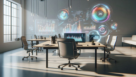 Modern conference room interior with financial charts hologram. 3D Rendering