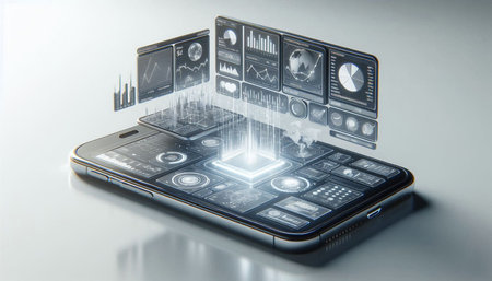 Smartphone with financial charts and diagrams on the screen. 3d rendering