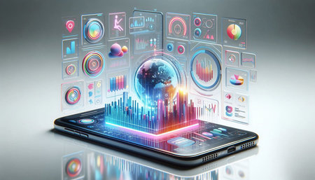 Smartphone with digital hologram screen and charts on gray background 3D rendering