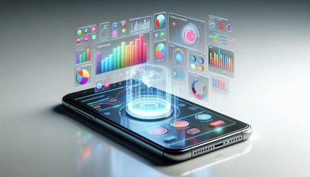 Smartphone with hologram screen on gray background, 3D rendering