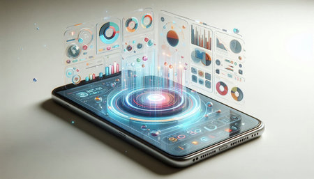 Futuristic touch screen smartphone with high tech user interface 3D rendering