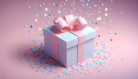 Gift box with pink ribbon and confetti on pink background.