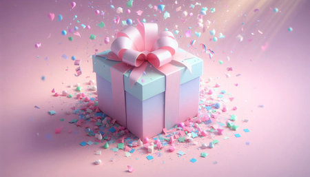 Gift box with pink bow and confetti. 3d rendering