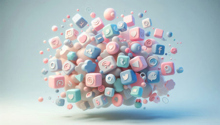 3d rendering of colorful social media icons flying in the air.