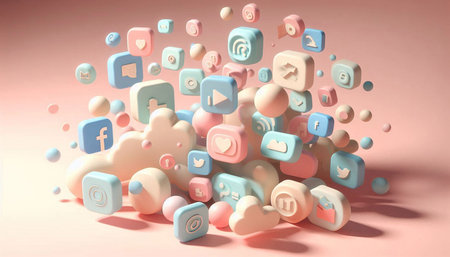 3d rendering of a group of social media icons in pastel colors