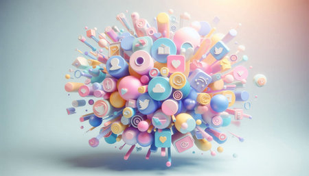 Social media icons flying in the air. 3d rendering illustration.