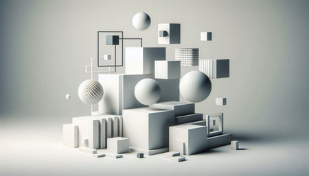 Abstract 3d rendering of geometric shapes. White and gray background.
