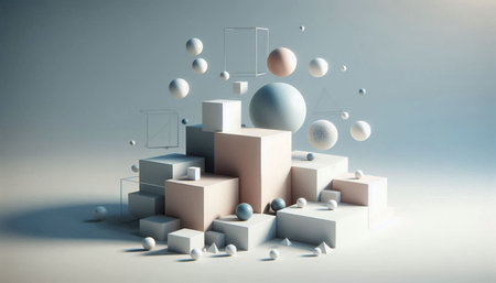 3d render, abstract geometric shapes, cubes and spheres, white background