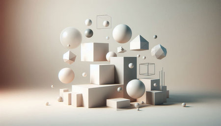 Abstract 3d rendering of geometric forms. Minimal composition with primitive shapes.
