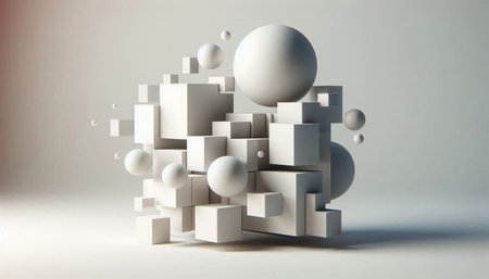 Abstract 3d rendering of geometric shapes in white and gray colors.