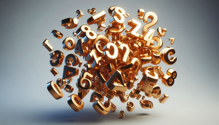 3D rendering of a bunch of numbers in gold and silver.