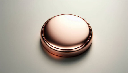 A close up shot of a copper button on a white background.
